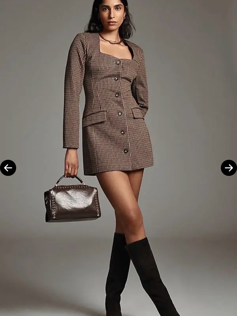 Dolan Anthropologie Tweed Checked Brown Tailored Long-Sleeve Mini Coat Dress